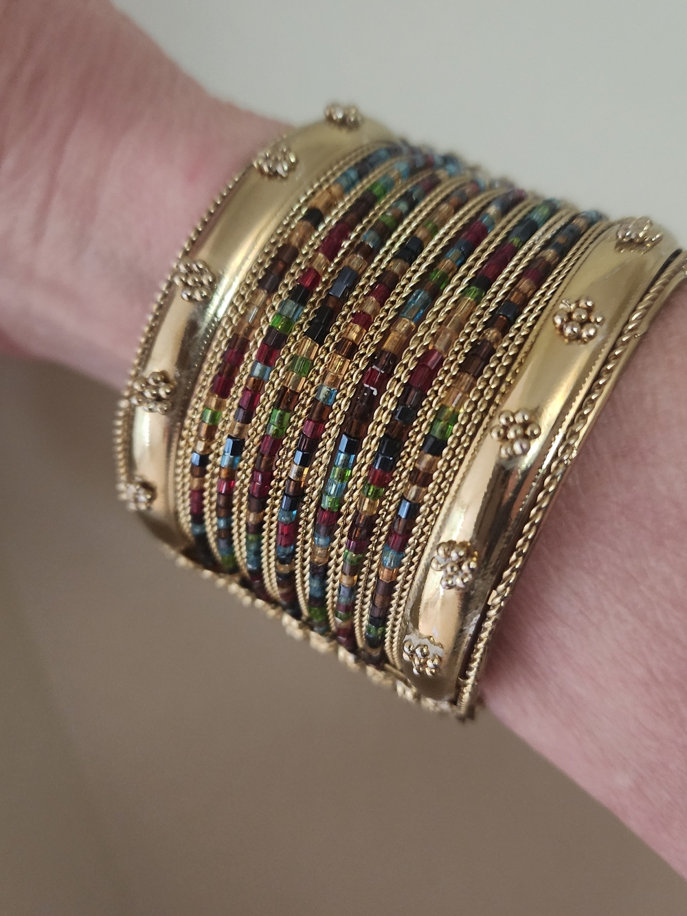 Gold Multi-Color Beaded Cuff Bracelet - Women Jewelry
